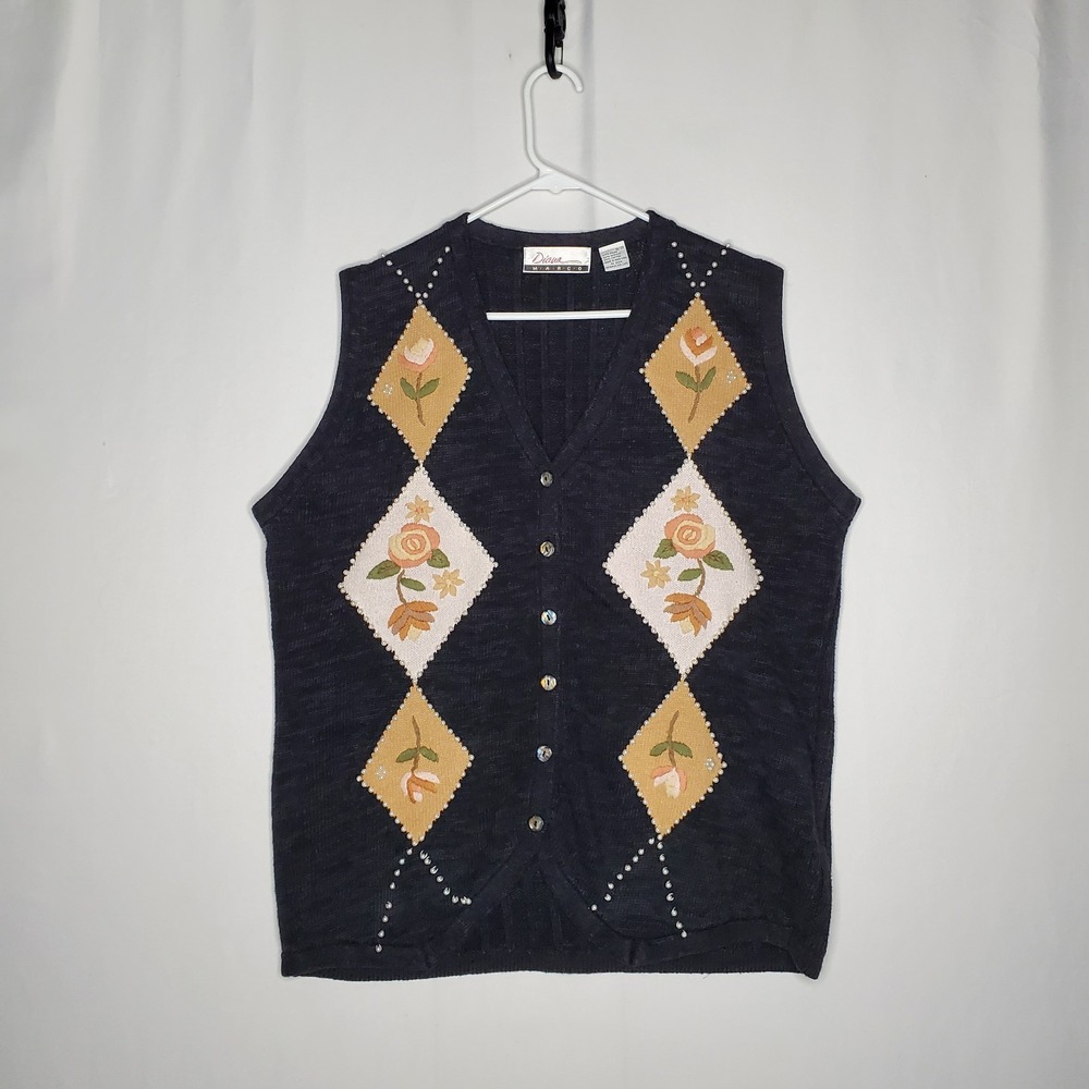 Diana Marco Sweater Vest Women 18/20 Bead Rose Argyle Ramie Cottagecore Grandma